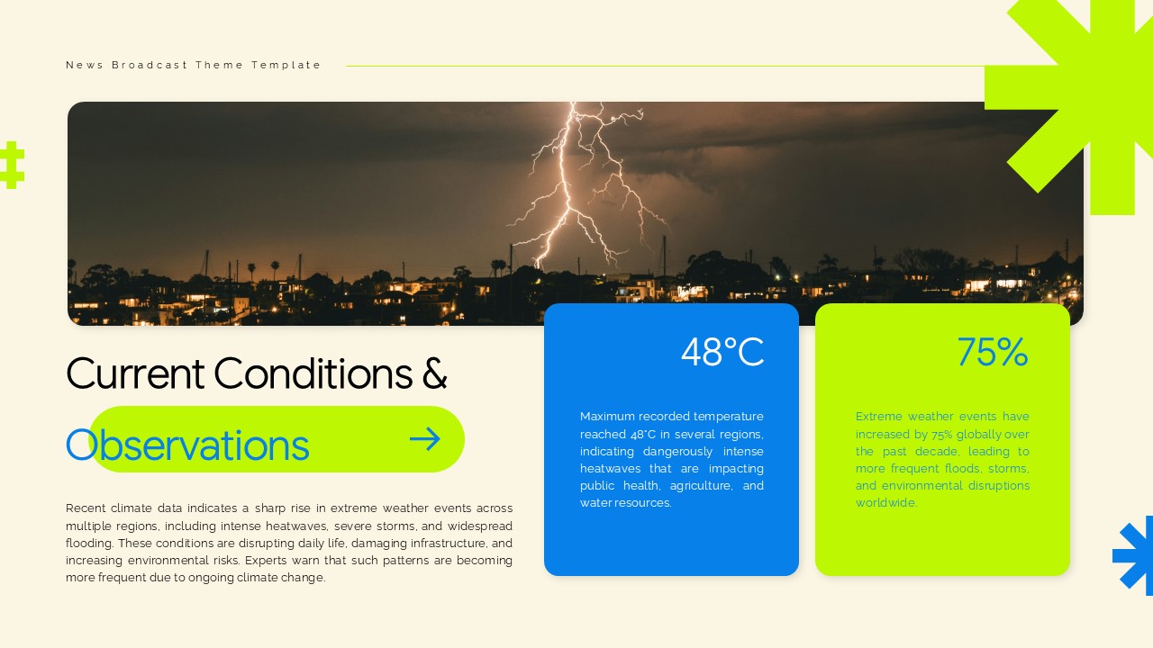 Weather Conditions Template - Dramatic storm imagery with temperature data and extreme weather statistics