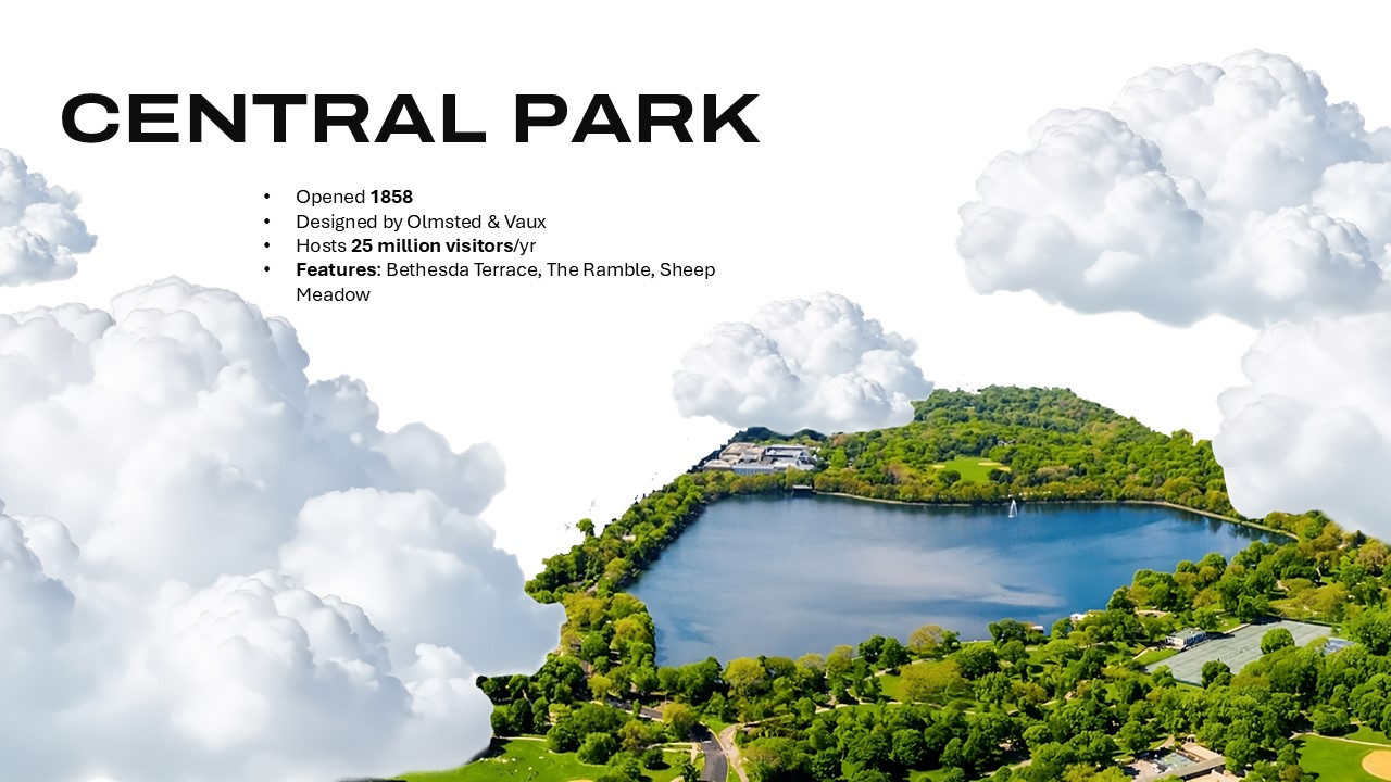 New York Template - Central Park details slide to present park history, facts, and visitor information