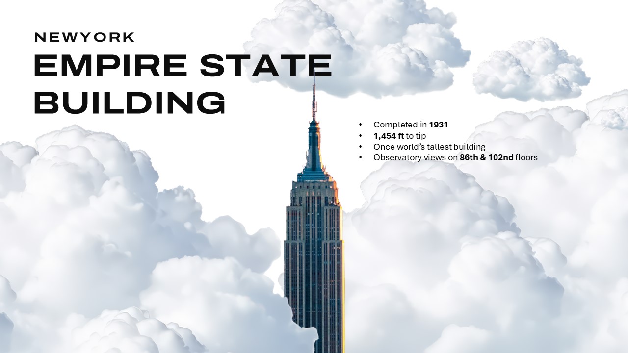 New York Template - Empire State Building info slide to present key facts and architectural details