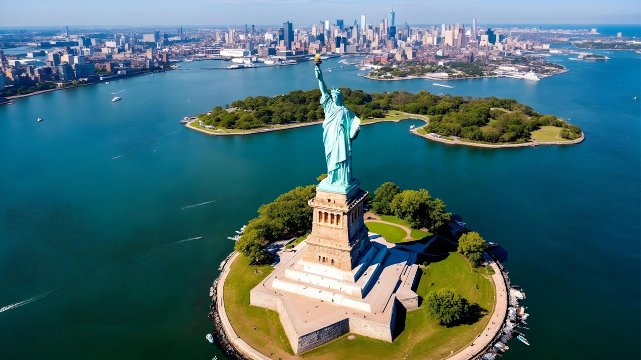 New York Template - Aerial Liberty Island slide to showcase the statue's location and surrounding area
