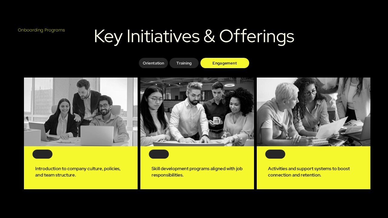 Onboarding Template - Key initiatives three-column card layout