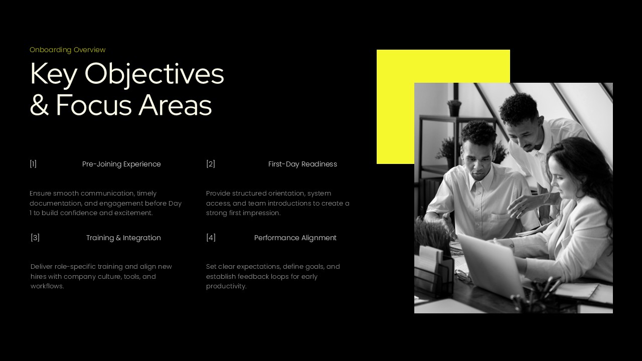 Onboarding Template - Key objectives and focus areas content slide