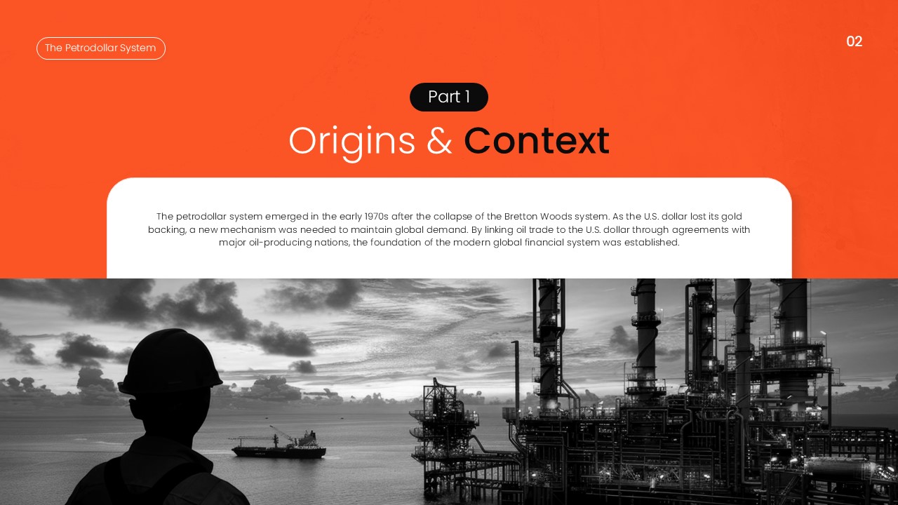 Petrodollar System Template - Origins slide explaining 1970s historical context and Bretton Woods collapse