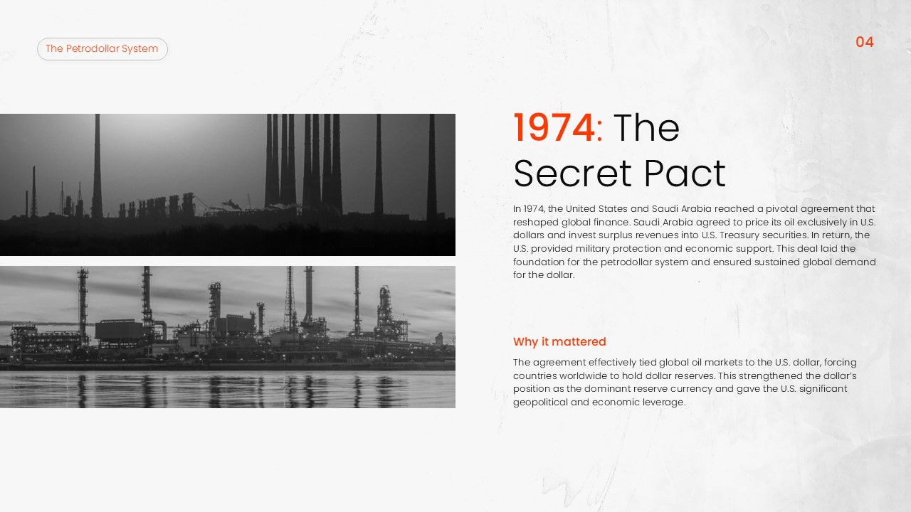 Petrodollar System Template - 1974 Secret Pact slide detailing US-Saudi Arabia agreement significance