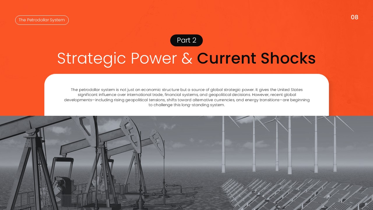 Petrodollar System Template - Strategic Power slide contrasting traditional oil with renewable energy