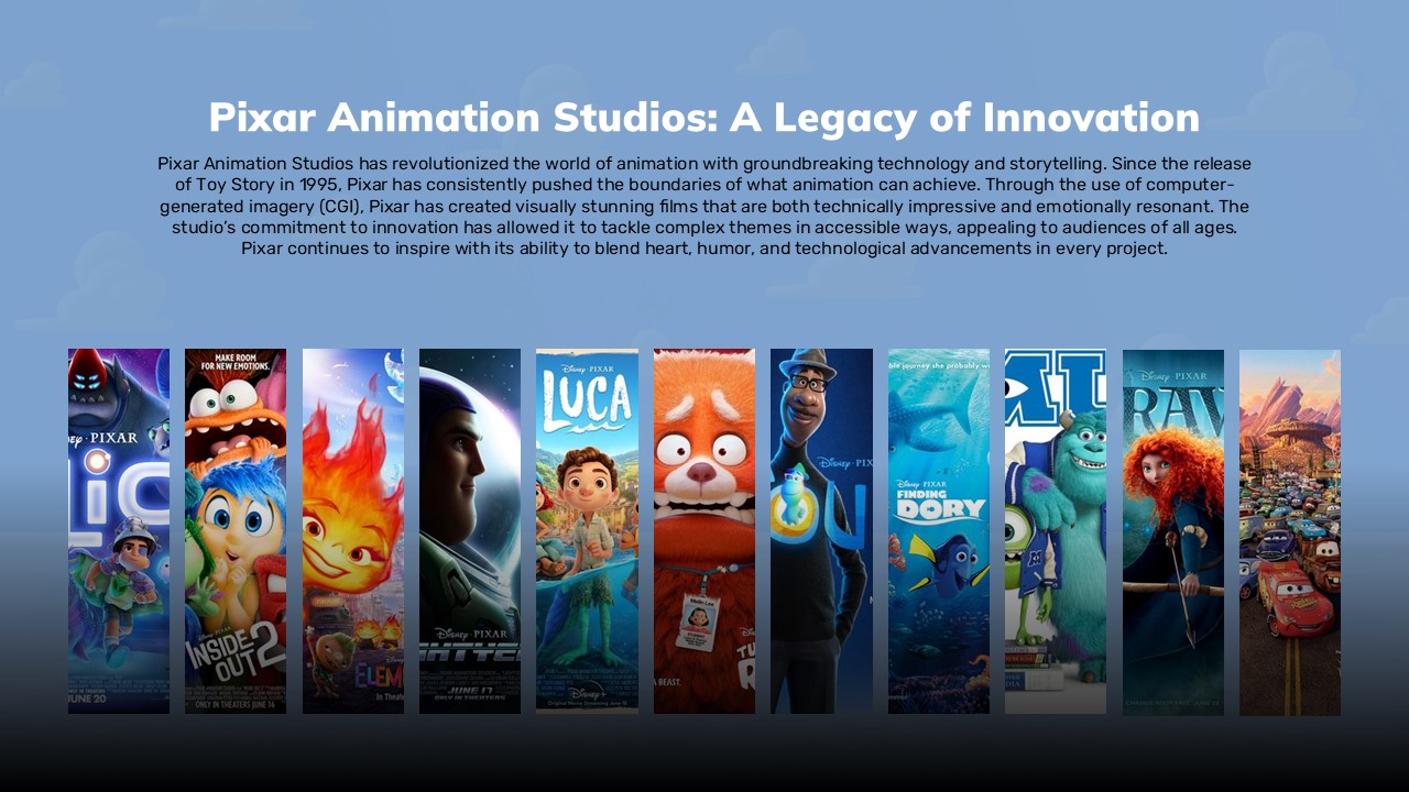 Pixar Legacy Template - Blue gradient backdrop highlighting the studio's innovative history with movie poster gallery