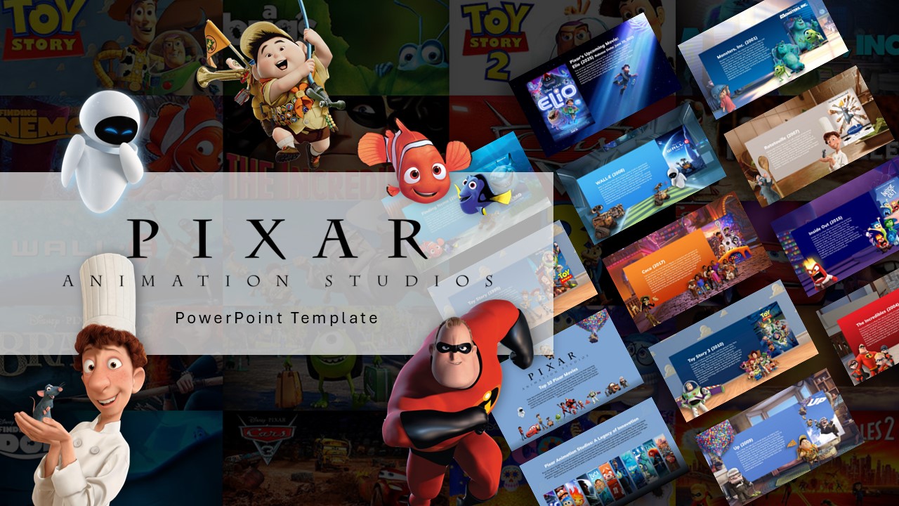 Pixar Animation Studios Template - Dynamic collage featuring beloved characters from Toy Story to Finding Nemo