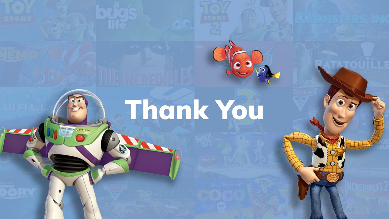 Pixar Thank You Template - Clean closing slide with Buzz, Woody, Nemo and Dory expressing gratitude
