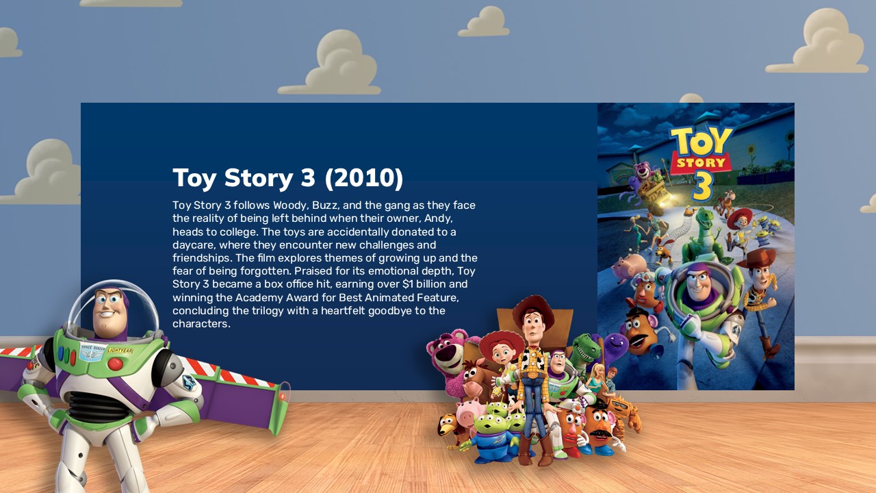 Toy Story 3 Template - Familiar bedroom setting showcasing the trilogy's emotional conclusion with toy ensemble