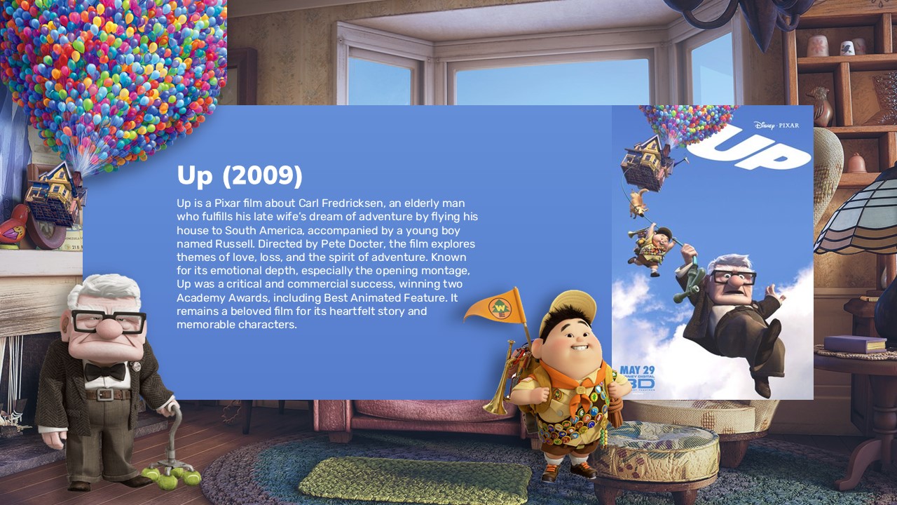Up Movie Template - Cozy house interior with floating balloons capturing Carl and Russell's emotional journey
