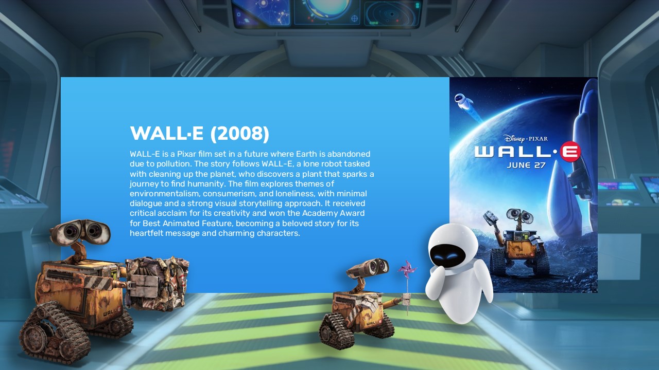 WALL-E Template - Futuristic spaceship interior with robot characters exploring environmental and technology themes