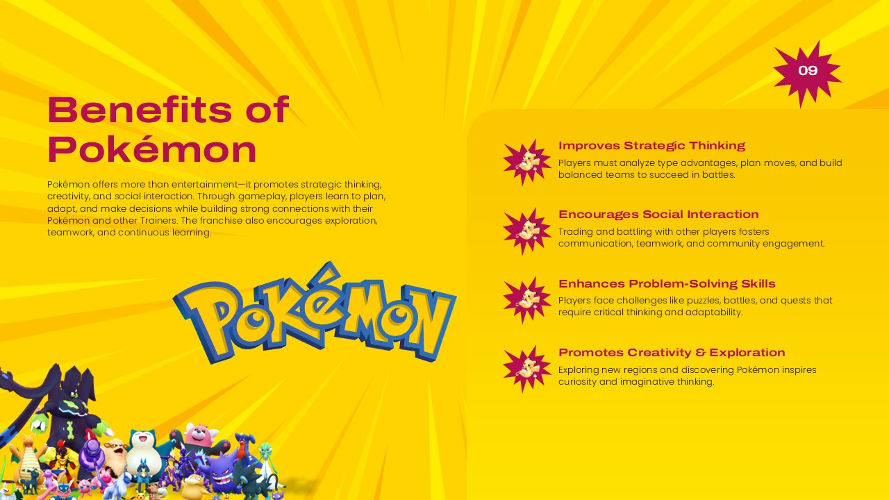Pokemon Template - Benefits slide with 4 star-marked advantages and character collection bottom left