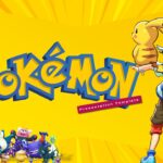 Pokemon Template - Title slide with blue logo, yellow background, Ash holding Pikachu on right side