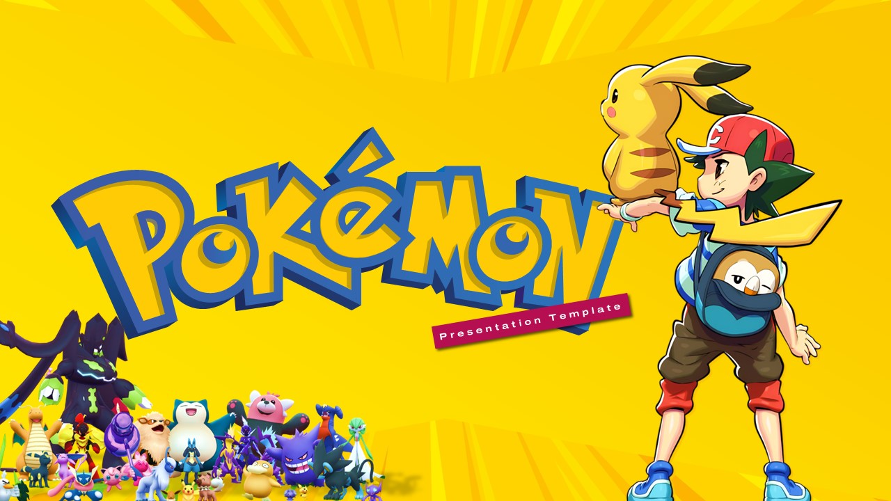 Pokemon Template - Title slide with blue logo, yellow background, Ash holding Pikachu on right side