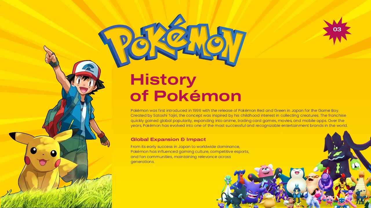 Pokemon Template - History slide with text blocks about Global Expansion and celebratory Ash pose
