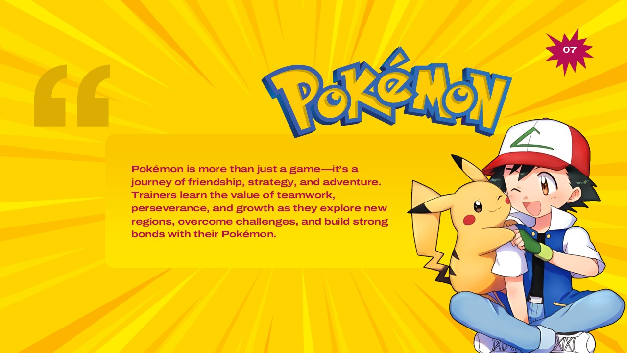 Pokemon Template - Quote slide with large quotation marks and Ash hugging Pikachu emotionally