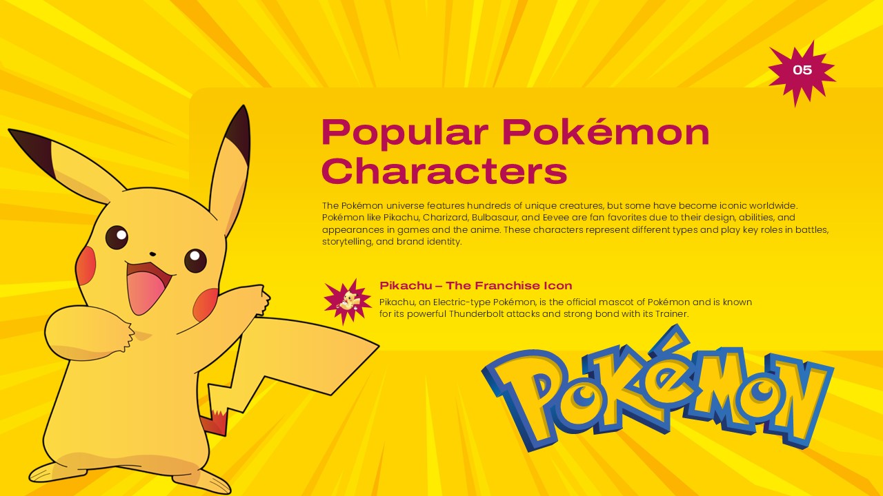Pokemon Template - Character slide featuring large Pikachu image and 'Franchise Icon' text section