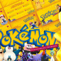 Pokemon PowerPoint Template - Cover slide with yellow sunburst background, blue Pokemon logo, and scattered characters