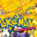 Pokemon PowerPoint Template - Cover slide with yellow sunburst background, blue Pokemon logo, and scattered characters