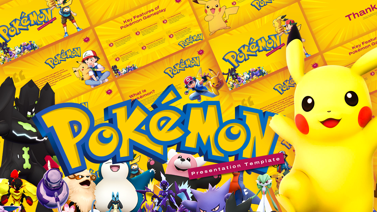 Pokemon PowerPoint Template - Cover slide with yellow sunburst background, blue Pokemon logo, and scattered characters