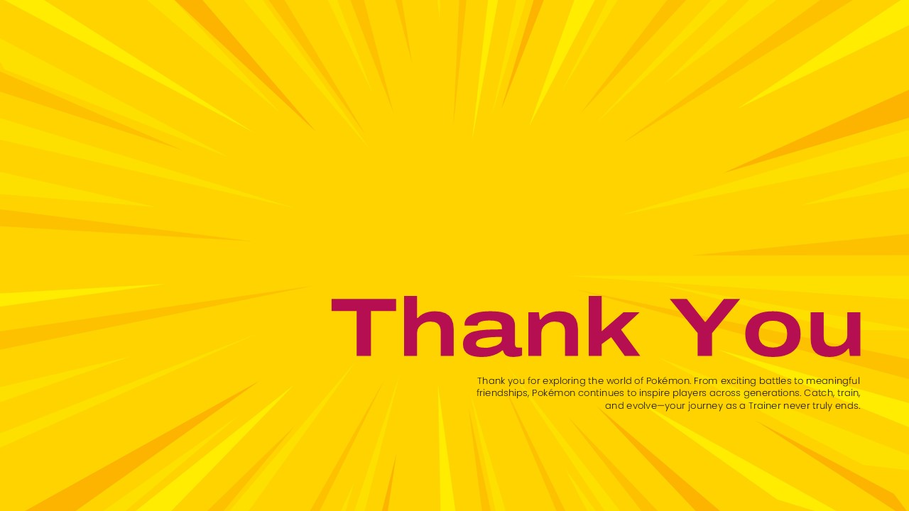 Pokemon Template - Thank you closing slide with large purple text on yellow sunburst background
