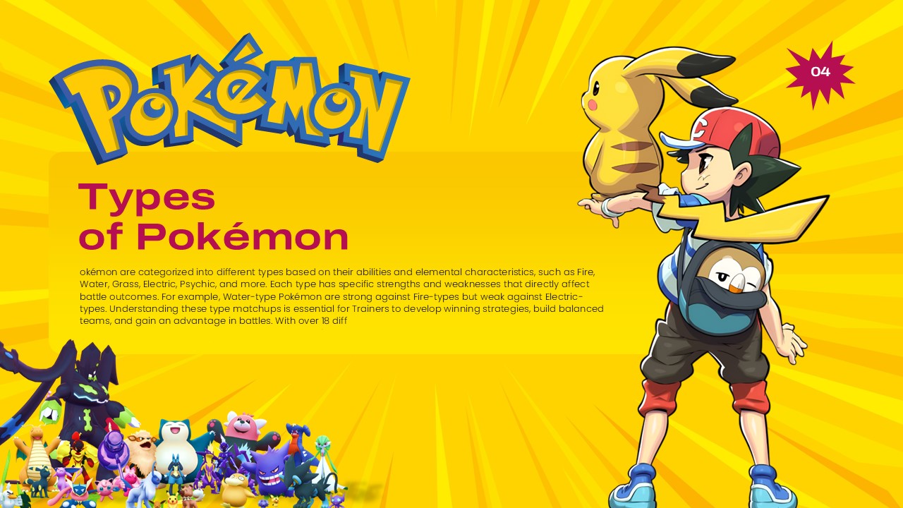 Pokemon Template - Types slide with educational text blocks and Ash carrying Pikachu image