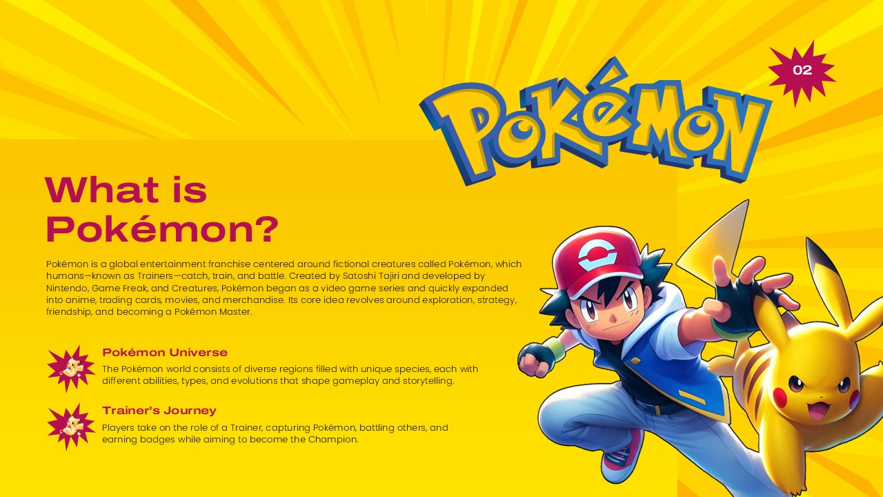 Pokemon Template - Content slide titled 'What is Pokemon' with bullet points and star icons