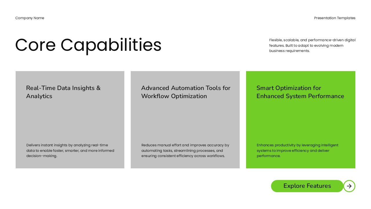 Product Demo Template - Core capabilities in three-column card layout