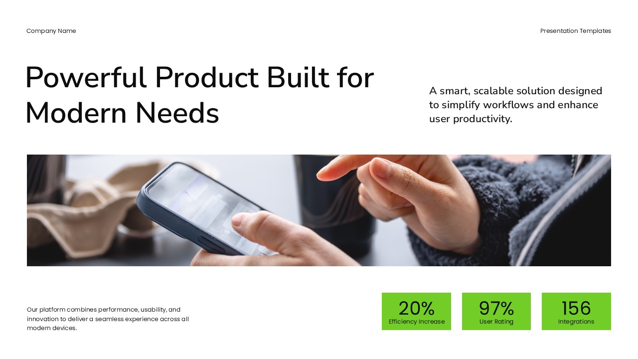 Product Demo Template - Overview slide with tablet and performance metrics