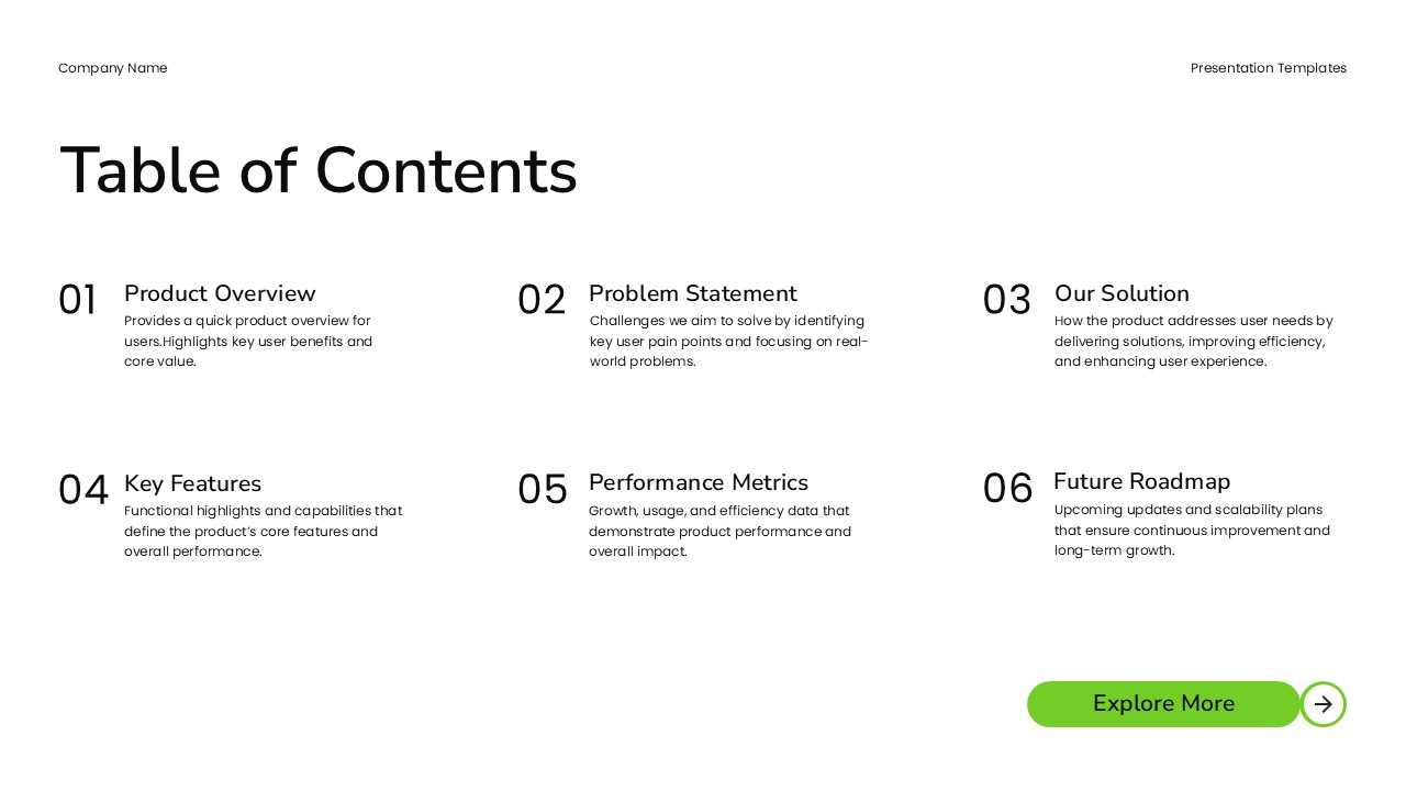 Product Demo Template - Table of contents with 6 numbered sections
