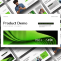 Product Demo Template - Cover slide with green 3D design and metrics