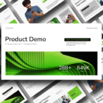 Product Demo Template - Cover slide with green 3D design and metrics