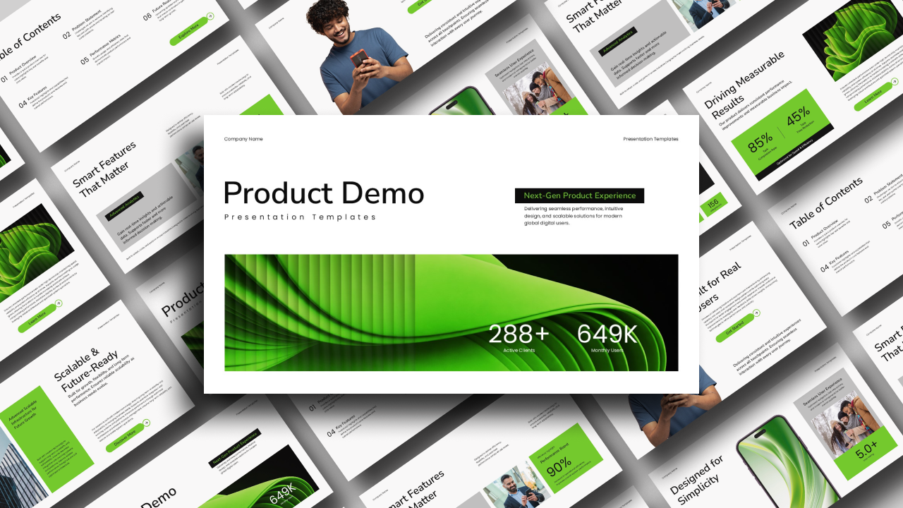 Product Demo Template - Cover slide with green 3D design and metrics