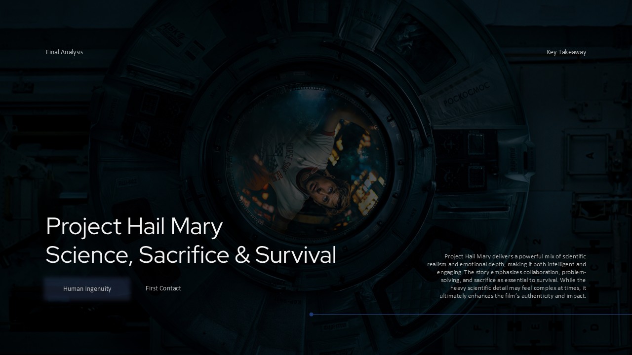 Project Hail Mary Takeaways - Four-card summary showcasing innovative concept through emotional core and balanced experience