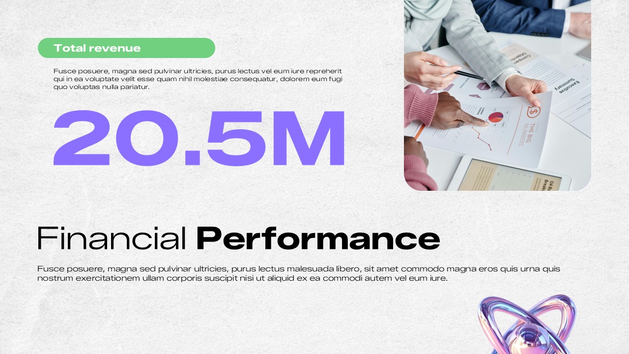 Quarterly Report Template - Financial performance showing 20.5M revenue