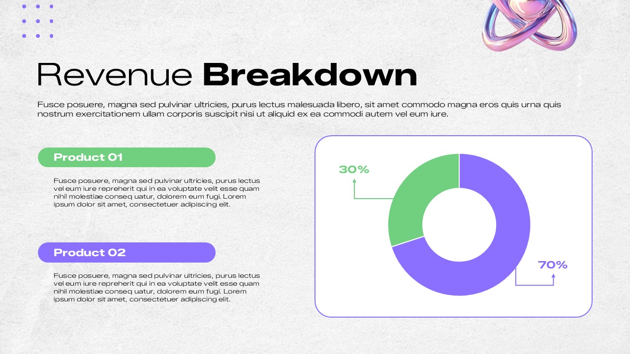 Quarterly Report Template - Revenue breakdown with 70/30 donut chart