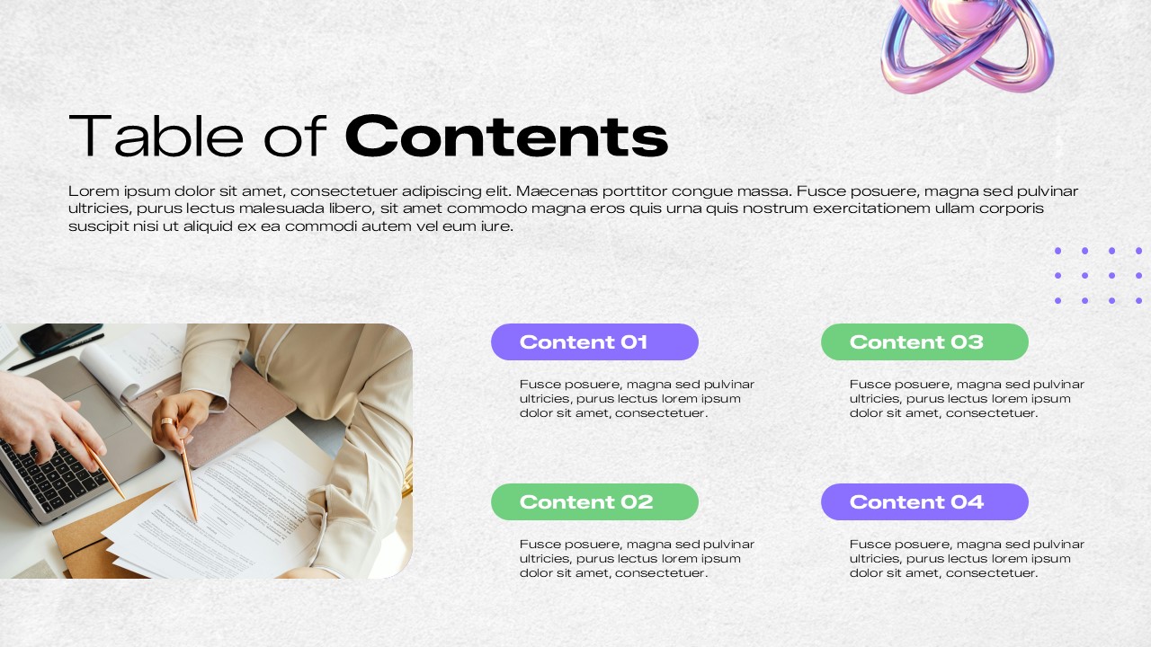 Quarterly Report Template - Table of contents with 4 content sections