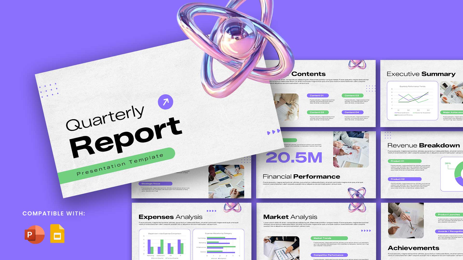 Quarterly Report Template - Overview with purple gradient and slide previews