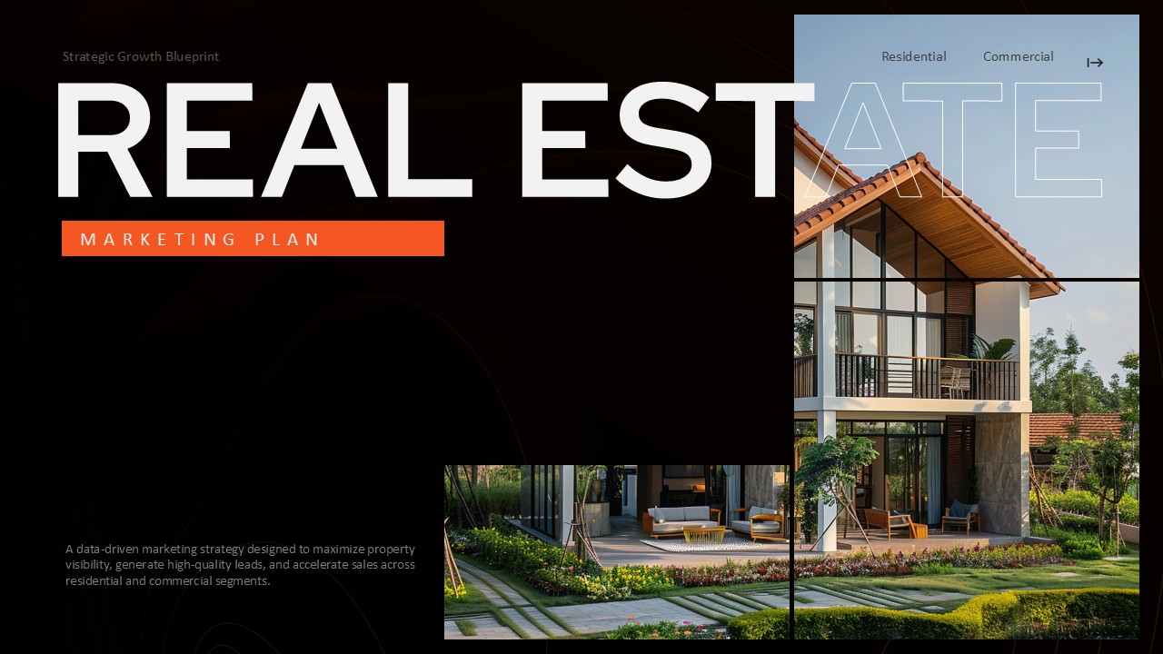 Real Estate Marketing Plan PowerPoint Template - Title slide with contemporary house and strategic blueprint