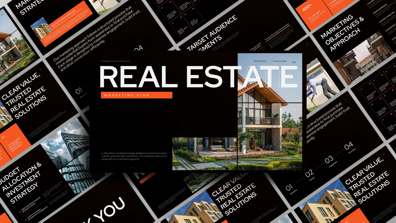 Real Estate Marketing Plan Template - Dynamic cover slide with modern house and presentation preview