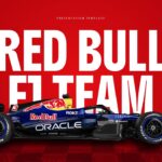Red Bull F1 Team Template - Bold title slide featuring race car centerpiece with dynamic branding and racing excellence tagline