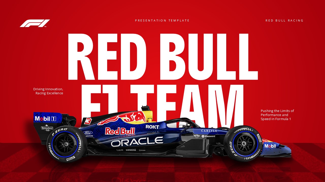 Red Bull F1 Team Template - Bold title slide featuring race car centerpiece with dynamic branding and racing excellence tagline