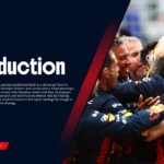 Red Bull F1 Team Introduction - Navy background with team history text flowing alongside celebratory victory team photo