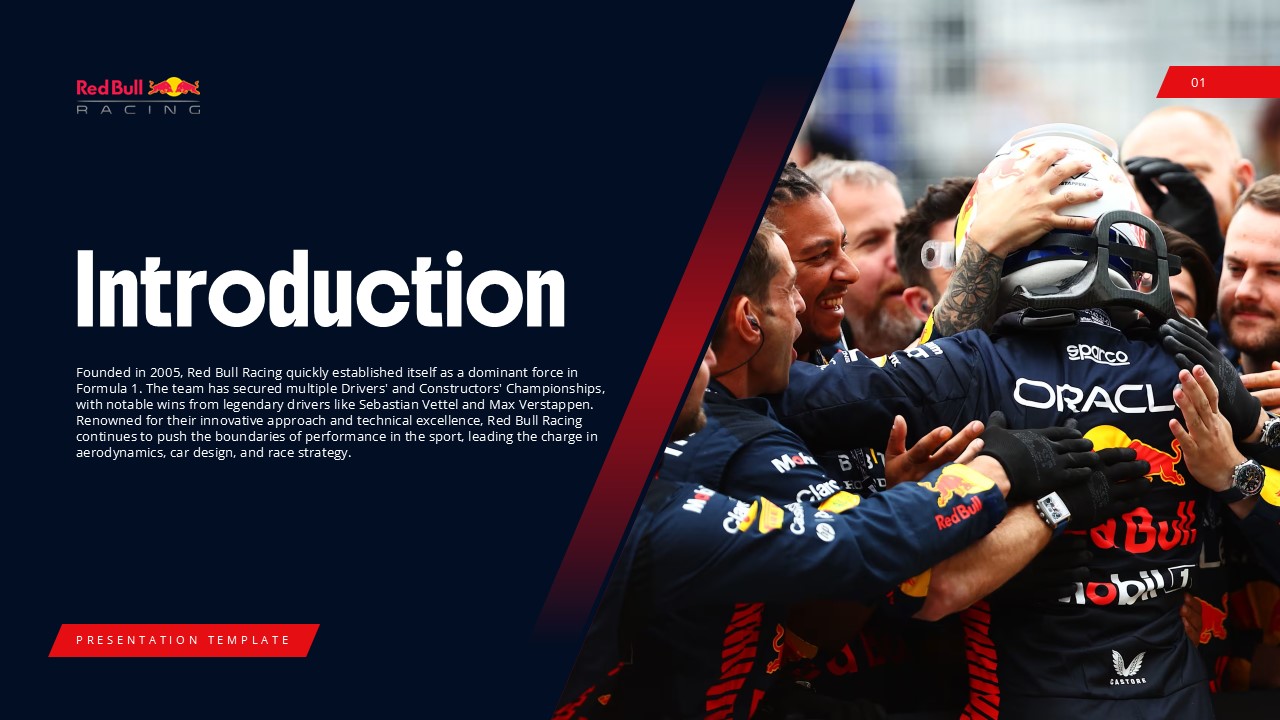 Red Bull F1 Team Introduction - Navy background with team history text flowing alongside celebratory victory team photo