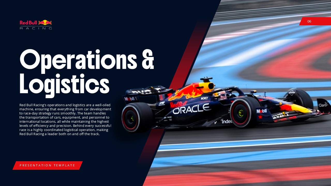 Red Bull F1 Team Operations - Motion-blurred race car emphasizing speed precision and international logistics coordination