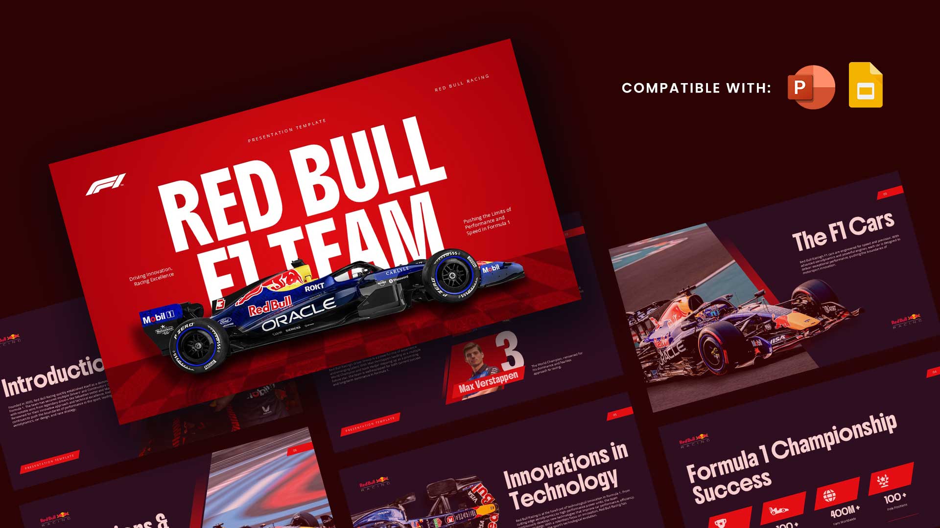 Red Bull F1 Team Template - Dynamic isometric overview showcasing multiple racing slides in signature red and navy design