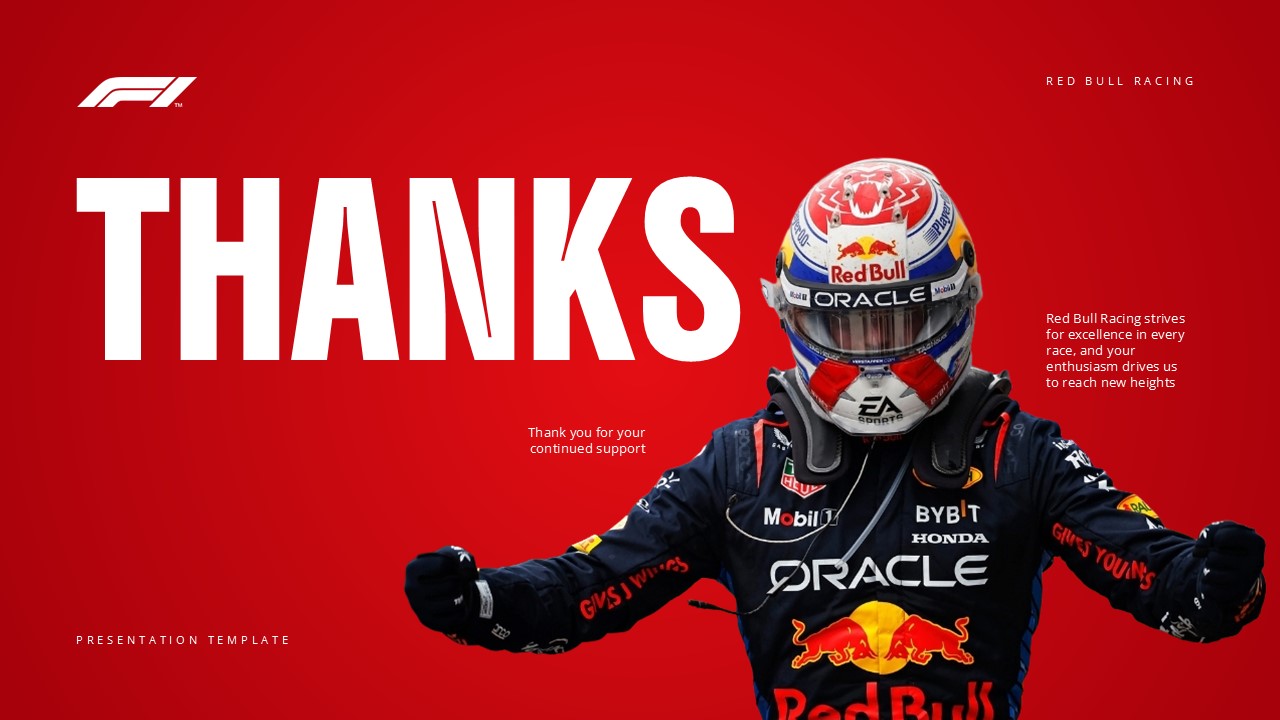 Red Bull F1 Team Thank You - Driver close-up in racing gear expressing gratitude with bold appreciation messaging
