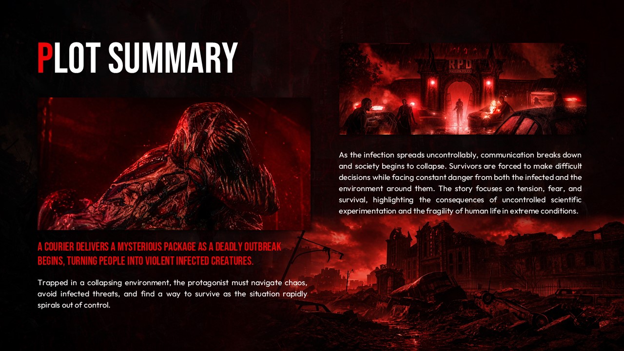 Resident Evil Plot Summary Template - Story details with apocalyptic imagery