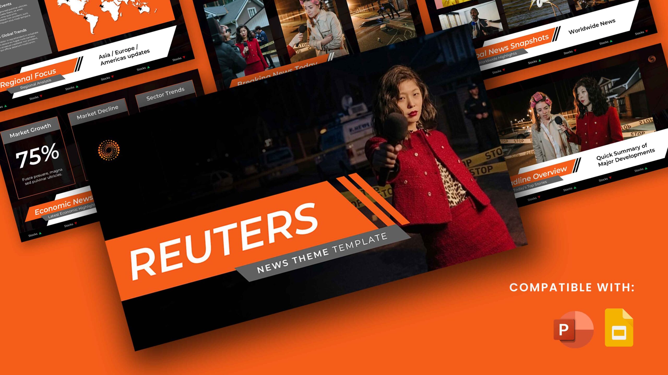 Reuters Template - Professional news presentation cover with multiple slide previews in orange and black design