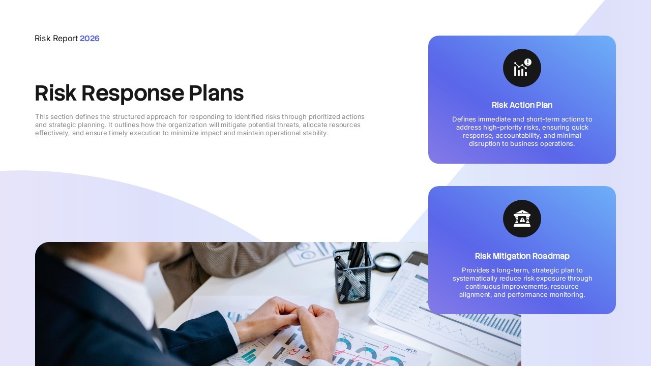 Risk Report Template - Response plans slide to outline immediate actions and long-term risk roadmaps